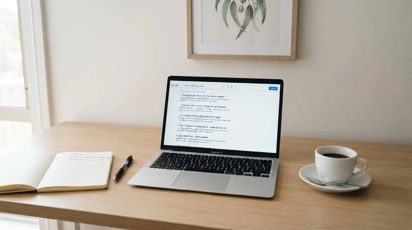 A tidy desk with a laptop open on a plain search-results page, a notebook and a coffee cup beside it, no screens showing any casino branding.