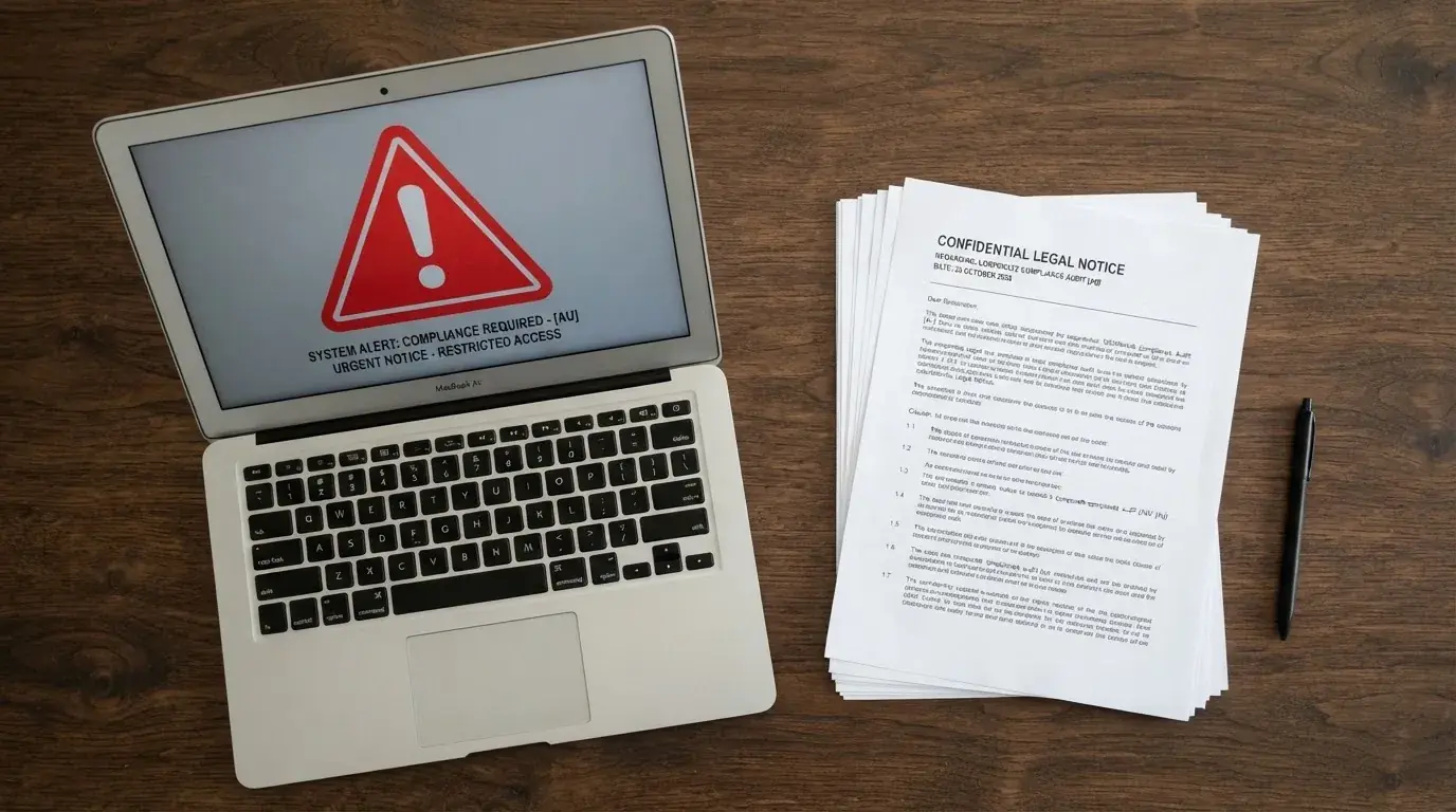 A red triangular warning sign icon on a laptop screen next to a stack of legal papers, symbolising an official caution rather than any specific website.