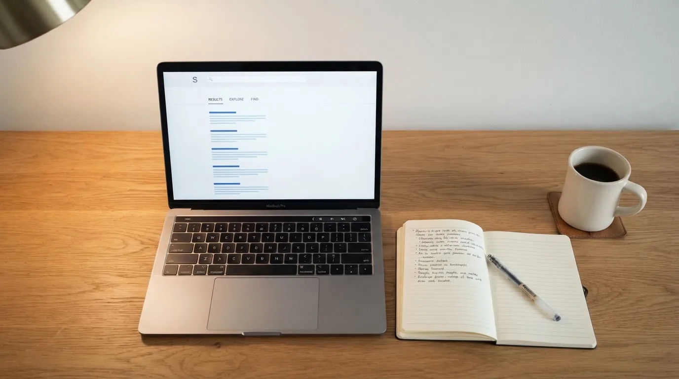 A tidy desk with a laptop open on a plain search-results page, a notebook and a coffee cup beside it, no screens showing any casino branding.