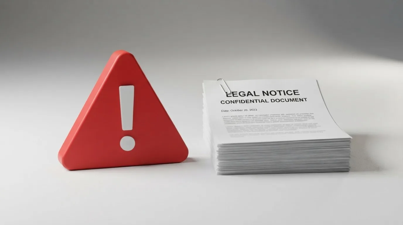 A red triangular warning sign icon on a laptop screen next to a stack of legal papers, symbolising an official caution rather than any specific website.