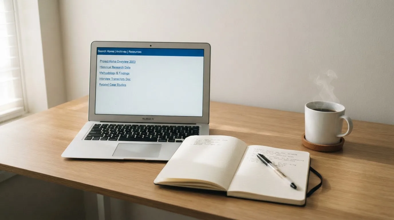 A tidy desk with a laptop open on a plain search-results page, a notebook and a coffee cup beside it, no screens showing any casino branding.