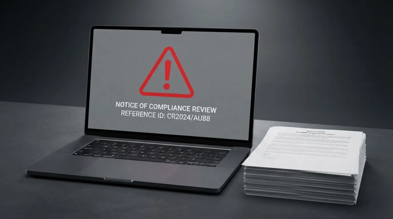 A red triangular warning sign icon on a laptop screen next to a stack of legal papers, symbolising an official caution rather than any specific website.
