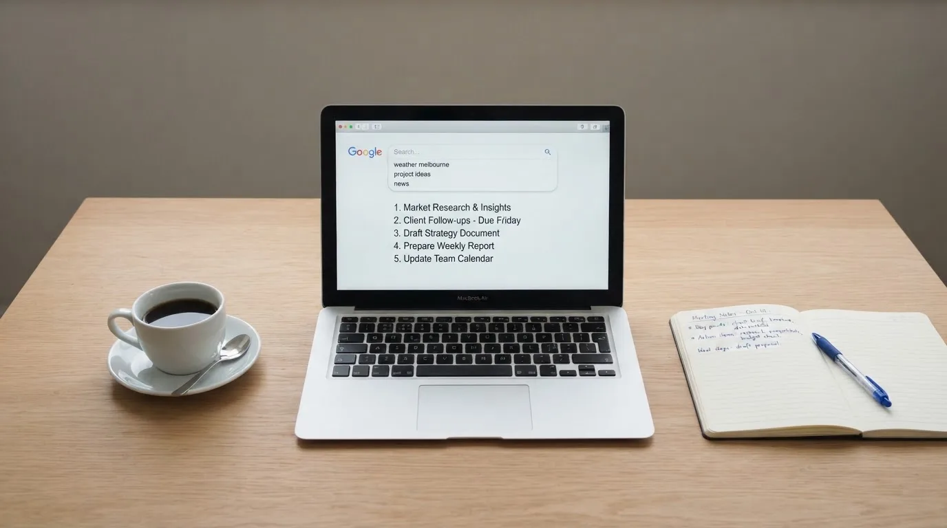 A tidy desk with a laptop open on a plain search-results page, a notebook and a coffee cup beside it, no screens showing any casino branding.