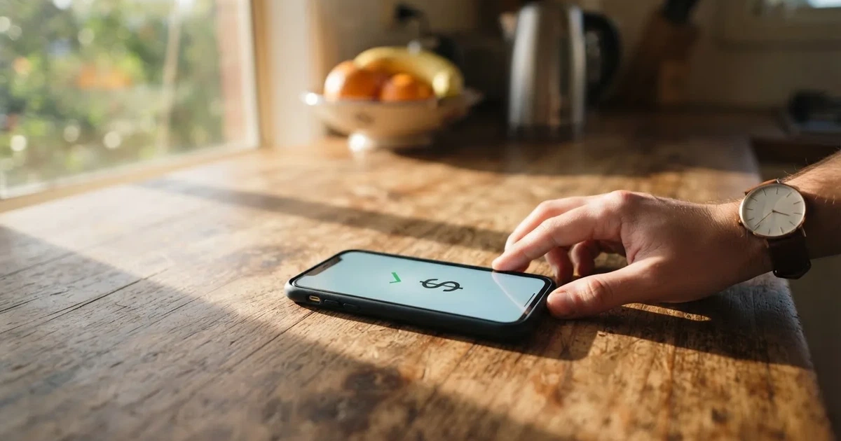 A smartphone screen showing a generic bank-transfer confirmation tick, held over a kitchen table.