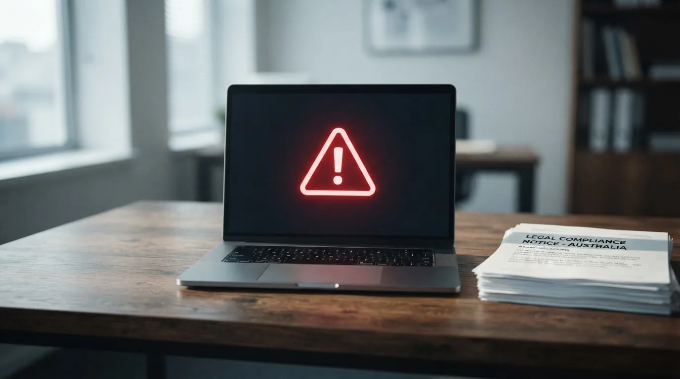 A red triangular warning sign icon on a laptop screen next to a stack of legal papers, symbolising an official caution rather than any specific website.