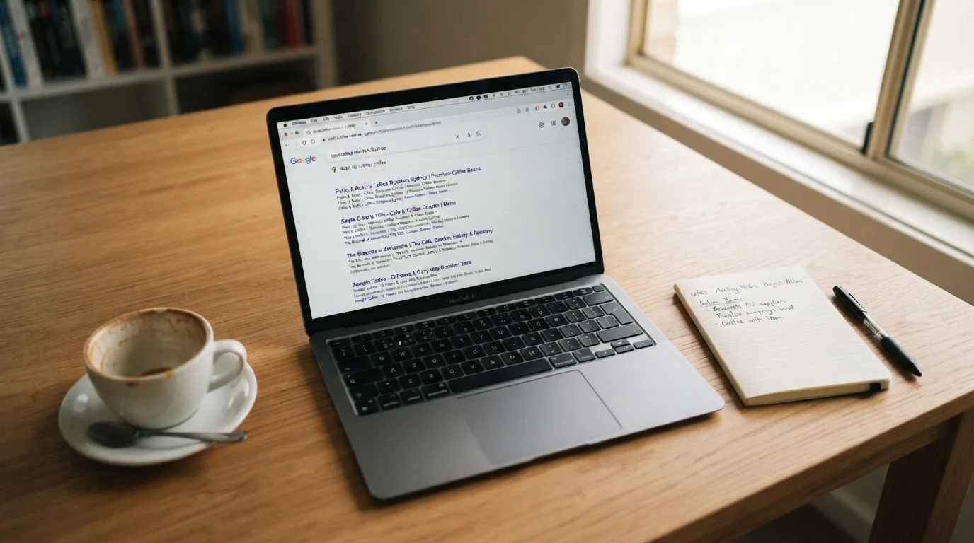 A tidy desk with a laptop open on a plain search-results page, a notebook and a coffee cup beside it, no screens showing any casino branding.