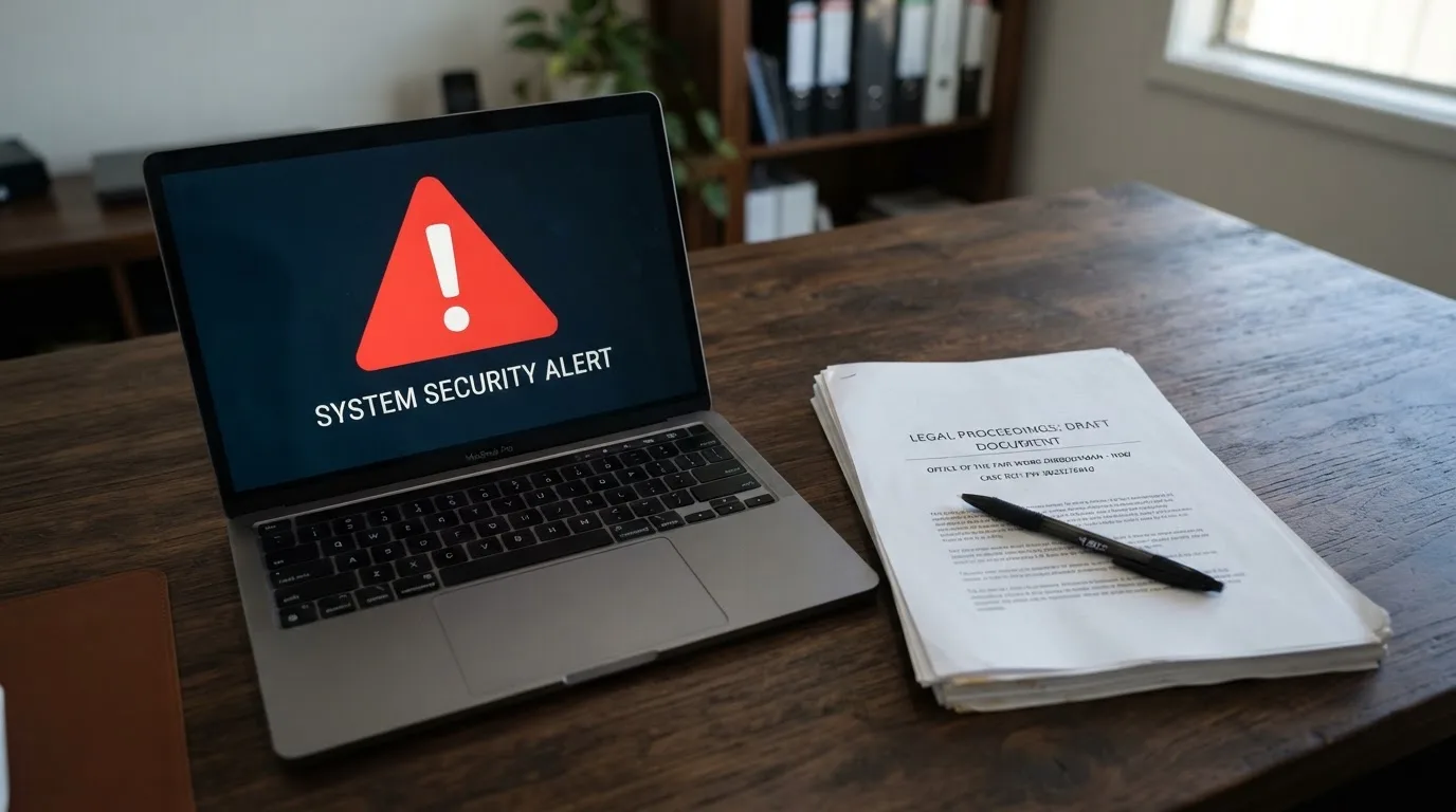 A red triangular warning sign icon on a laptop screen next to a stack of legal papers, symbolising an official caution rather than any specific website.
