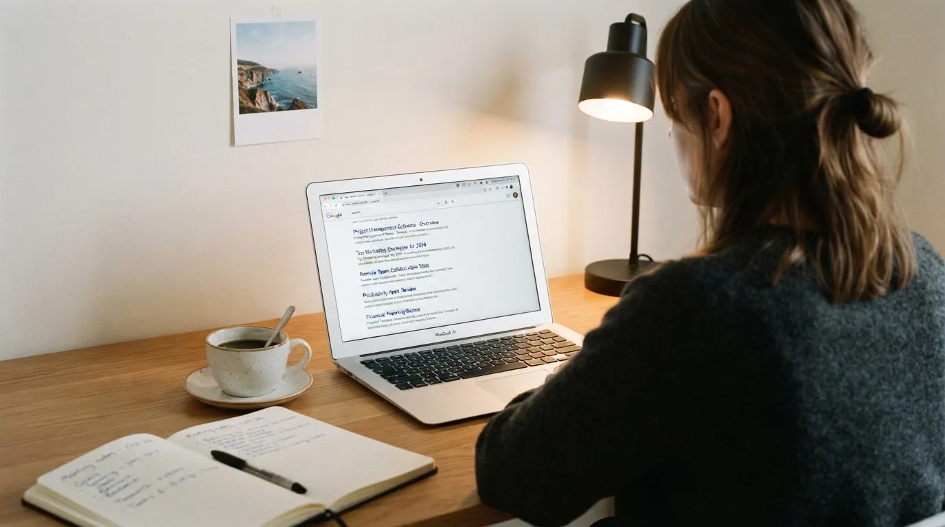 A tidy desk with a laptop open on a plain search-results page, a notebook and a coffee cup beside it, no screens showing any casino branding.