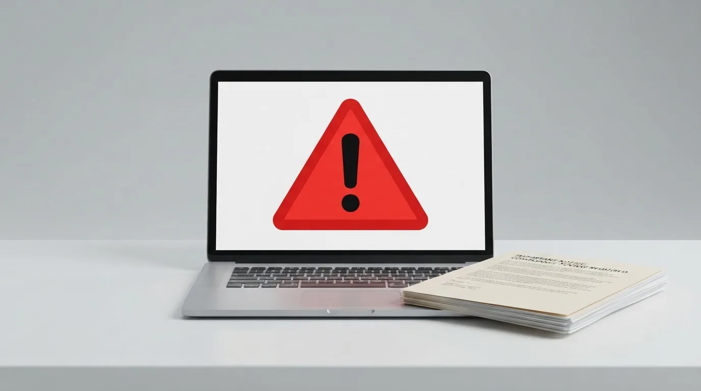 A red triangular warning sign icon on a laptop screen next to a stack of legal papers, symbolising an official caution rather than any specific website.