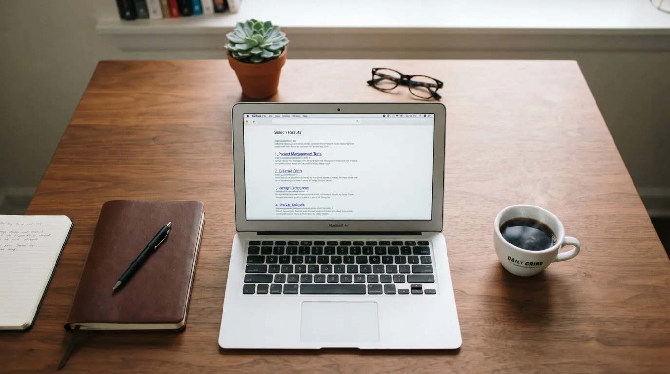 A tidy desk with a laptop open on a plain search-results page, a notebook and a coffee cup beside it, no screens showing any casino branding.