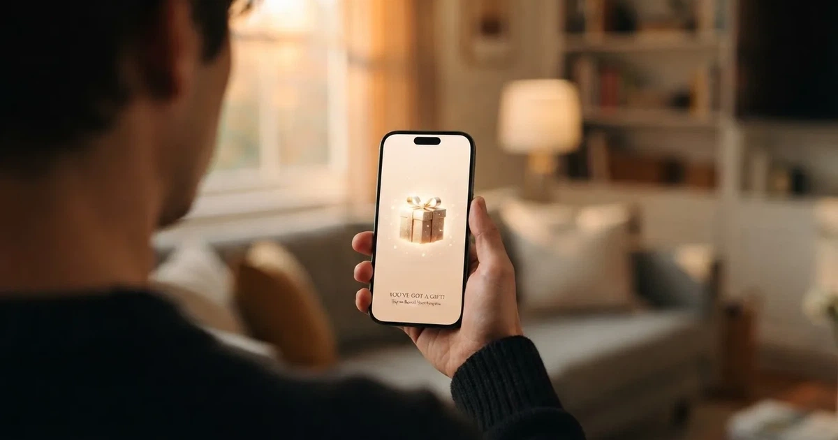A gift box icon glowing on a phone screen, held at arm's length, suggesting an unopened offer rather than an active game.