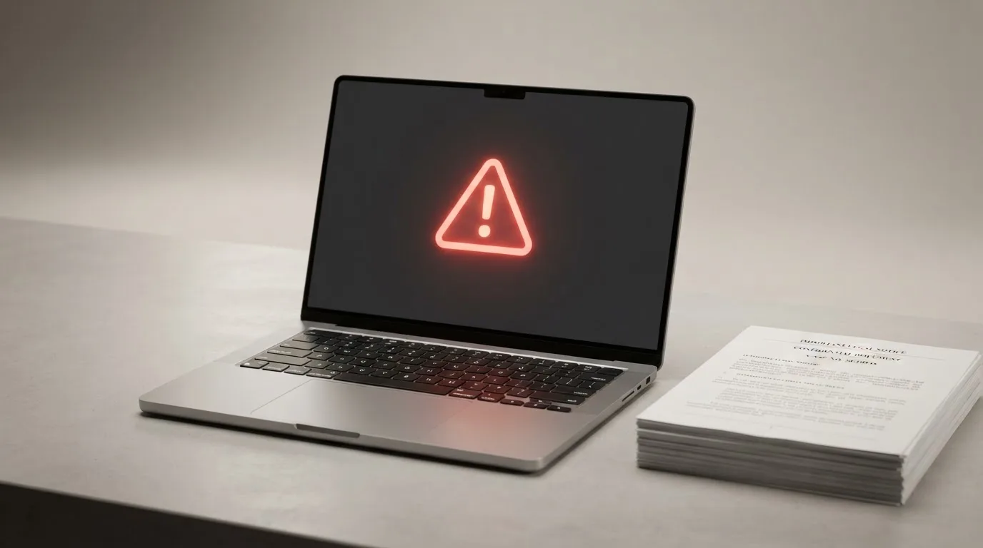 A red triangular warning sign icon on a laptop screen next to a stack of legal papers, symbolising an official caution rather than any specific website.