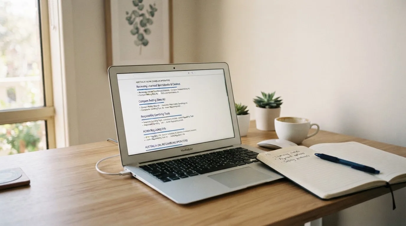 A tidy desk with a laptop open on a plain search-results page, a notebook and a coffee cup beside it, no screens showing any casino branding.