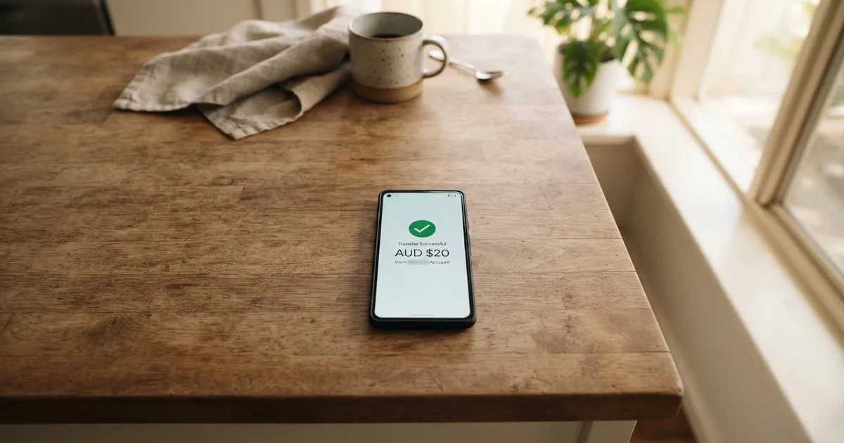 A smartphone screen showing a generic bank-transfer confirmation tick, held over a kitchen table.