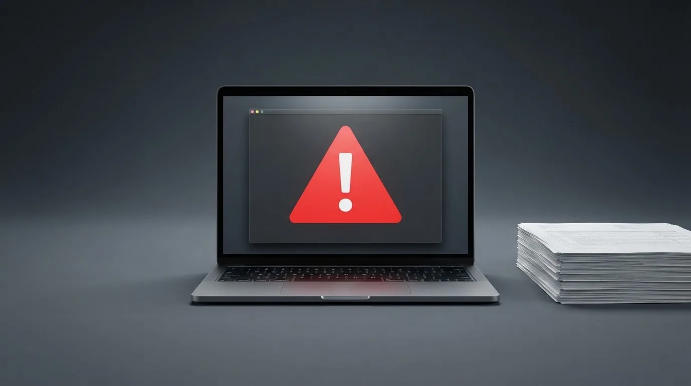A red triangular warning sign icon on a laptop screen next to a stack of legal papers, symbolising an official caution rather than any specific website.