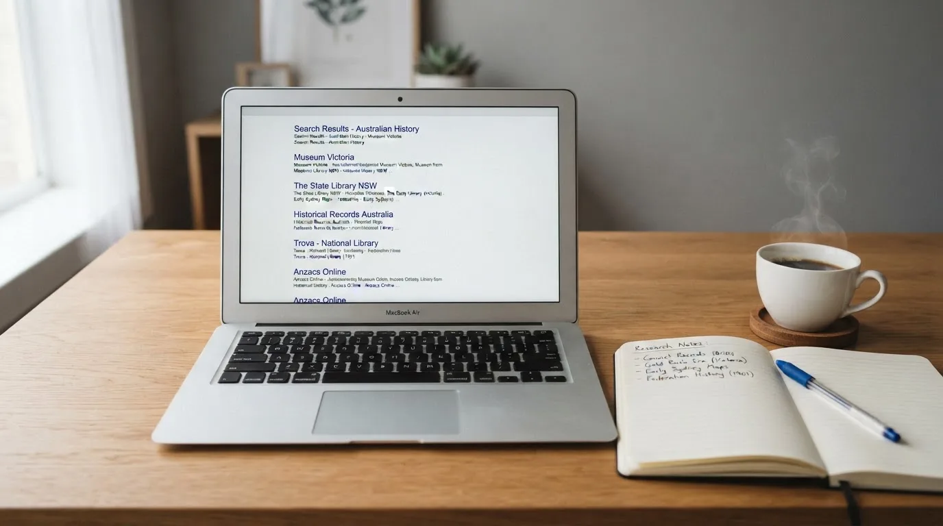 A tidy desk with a laptop open on a plain search-results page, a notebook and a coffee cup beside it, no screens showing any casino branding.