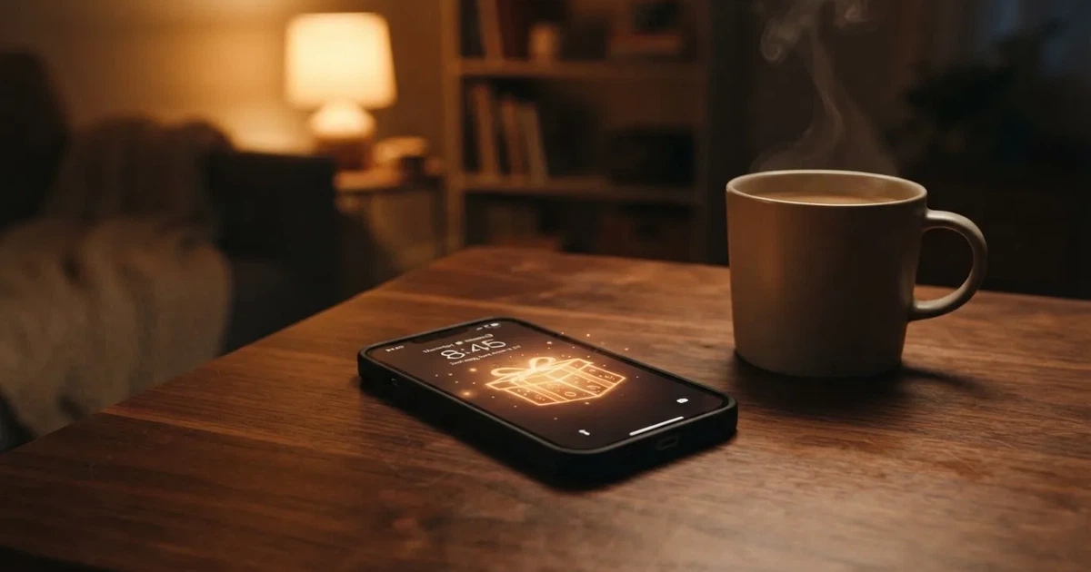 A gift box icon glowing on a phone screen, held at arm's length, suggesting an unopened offer rather than an active game.