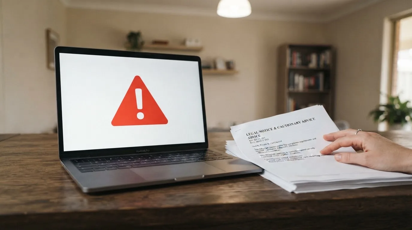 A red triangular warning sign icon on a laptop screen next to a stack of legal papers, symbolising an official caution rather than any specific website.