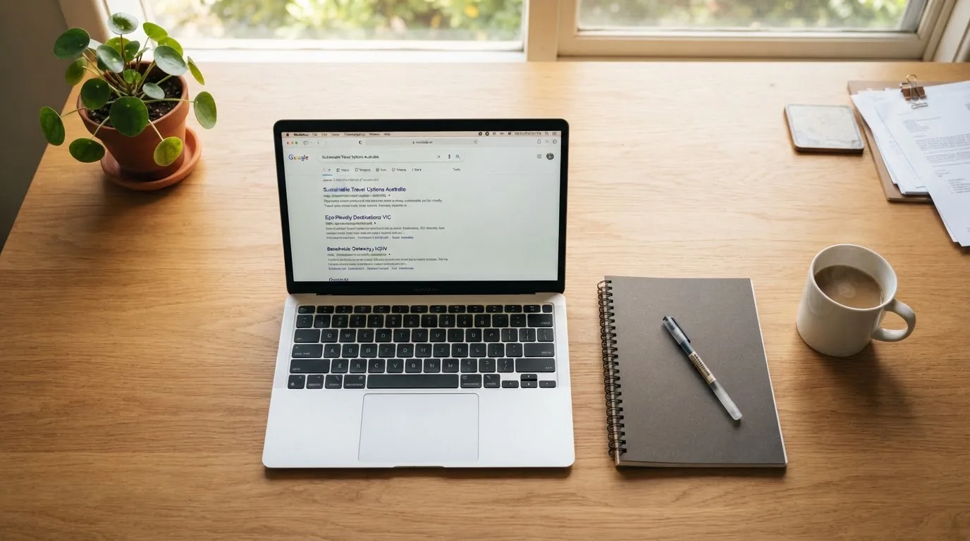 A tidy desk with a laptop open on a plain search-results page, a notebook and a coffee cup beside it, no screens showing any casino branding.