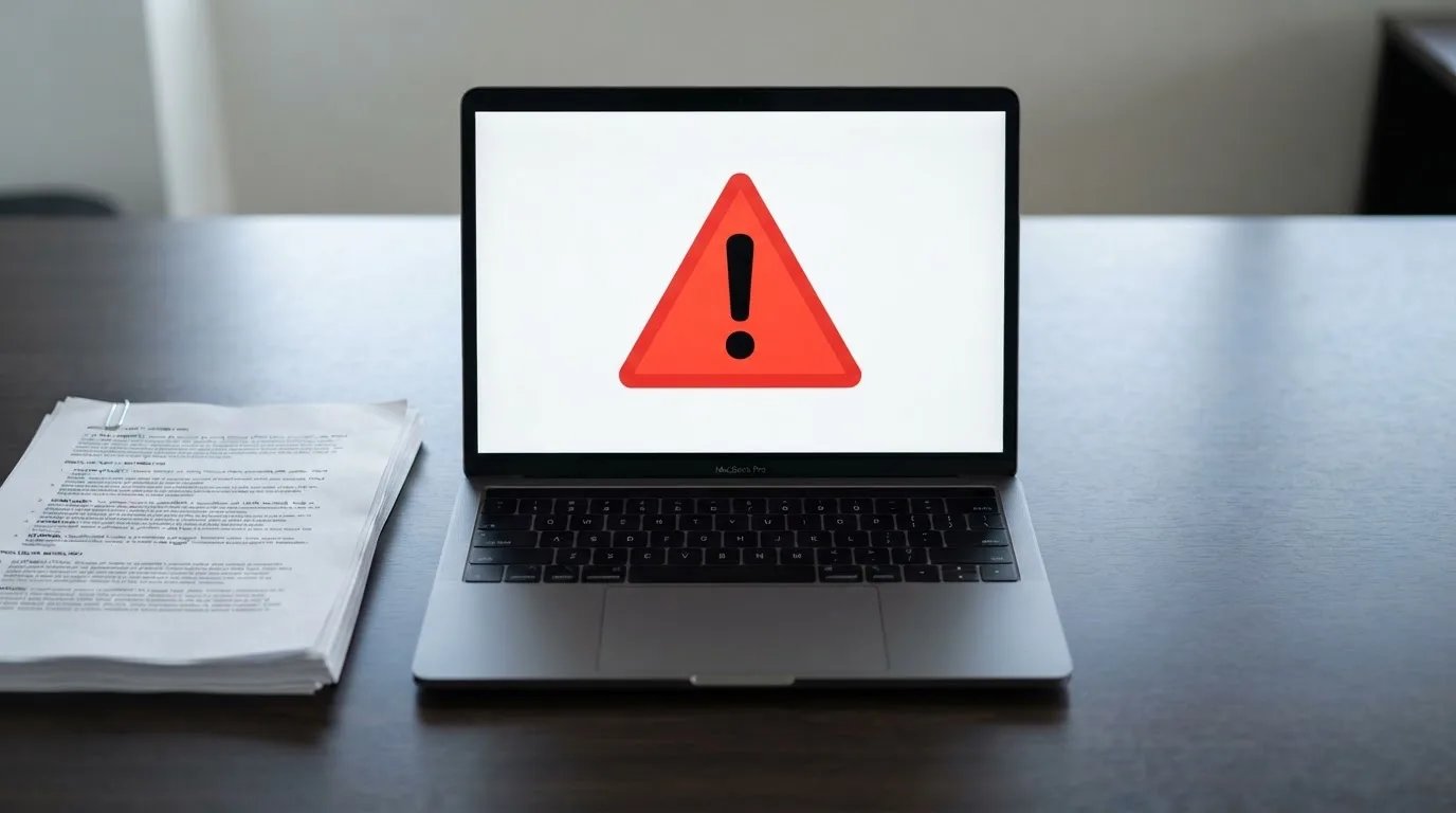 A red triangular warning sign icon on a laptop screen next to a stack of legal papers, symbolising an official caution rather than any specific website.