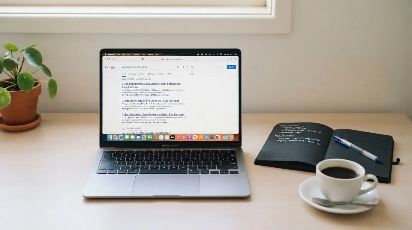 A tidy desk with a laptop open on a plain search-results page, a notebook and a coffee cup beside it, no screens showing any casino branding.
