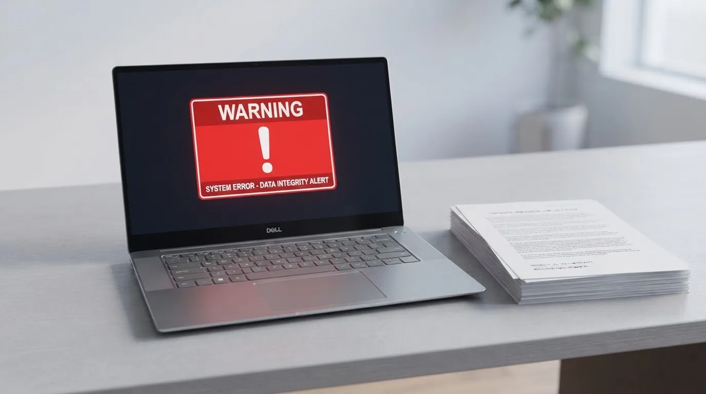 A red triangular warning sign icon on a laptop screen next to a stack of legal papers, symbolising an official caution rather than any specific website.