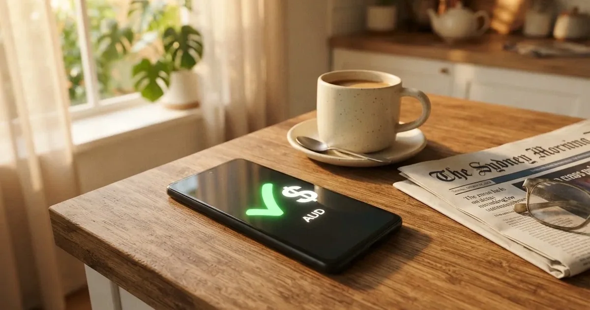 A smartphone screen showing a generic bank-transfer confirmation tick, held over a kitchen table.