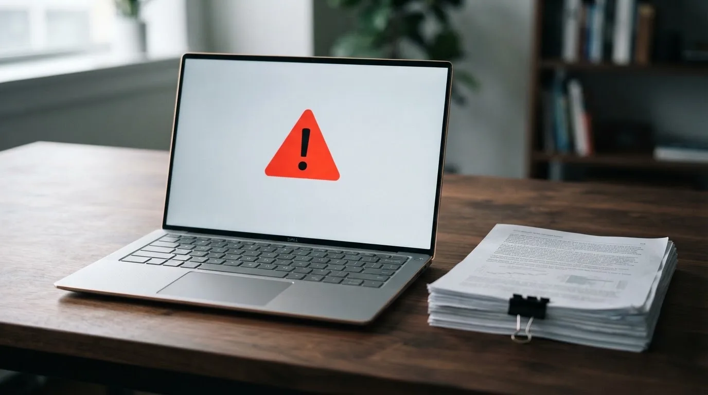 A red triangular warning sign icon on a laptop screen next to a stack of legal papers, symbolising an official caution rather than any specific website.