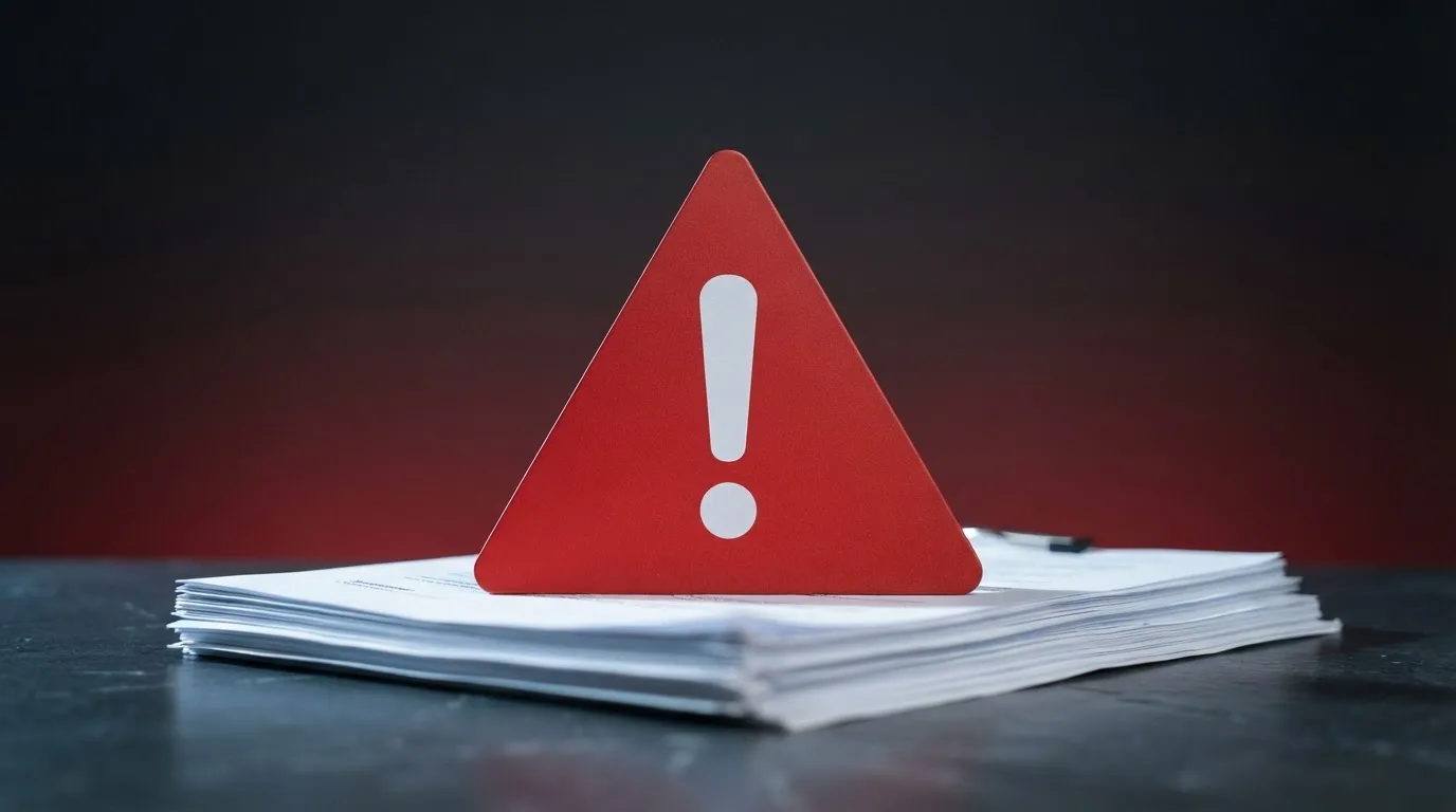 A red triangular warning sign icon on a laptop screen next to a stack of legal papers, symbolising an official caution rather than any specific website.