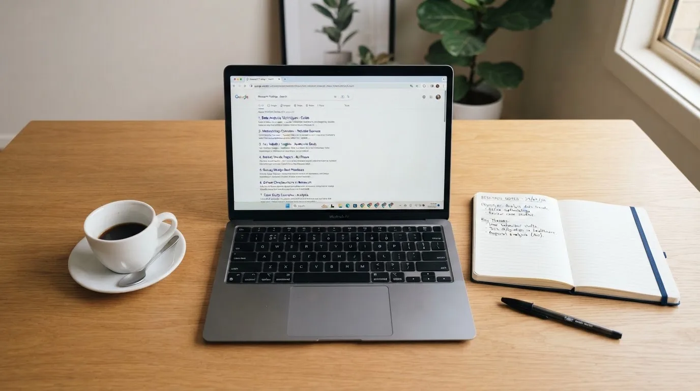 A tidy desk with a laptop open on a plain search-results page, a notebook and a coffee cup beside it, no screens showing any casino branding.