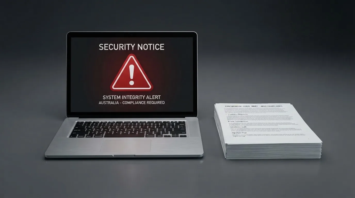 A red triangular warning sign icon on a laptop screen next to a stack of legal papers, symbolising an official caution rather than any specific website.