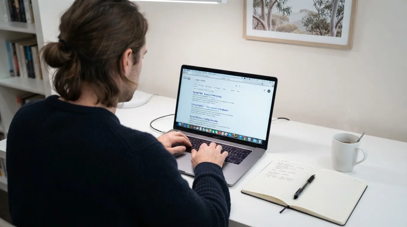 A tidy desk with a laptop open on a plain search-results page, a notebook and a coffee cup beside it, no screens showing any casino branding.