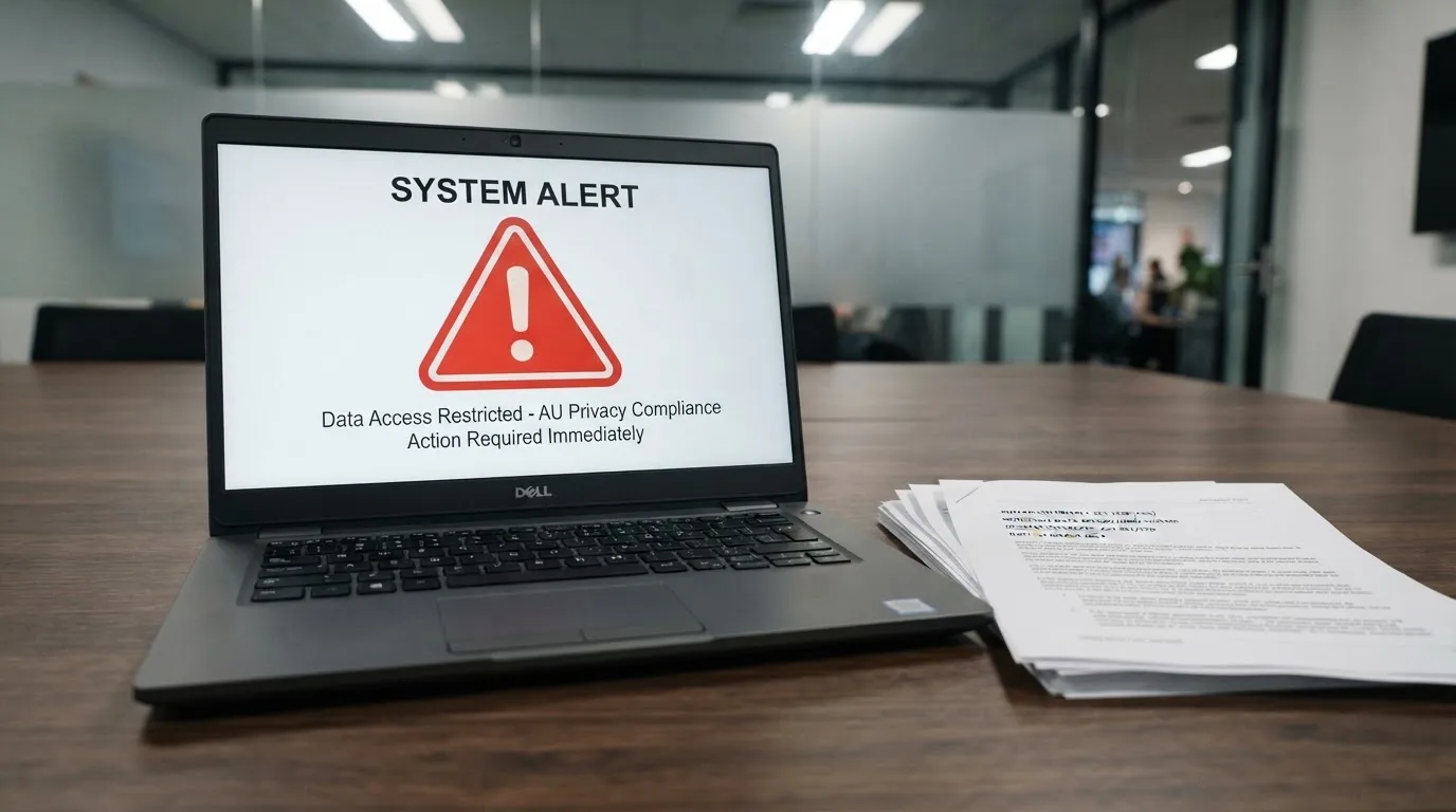 A red triangular warning sign icon on a laptop screen next to a stack of legal papers, symbolising an official caution rather than any specific website.
