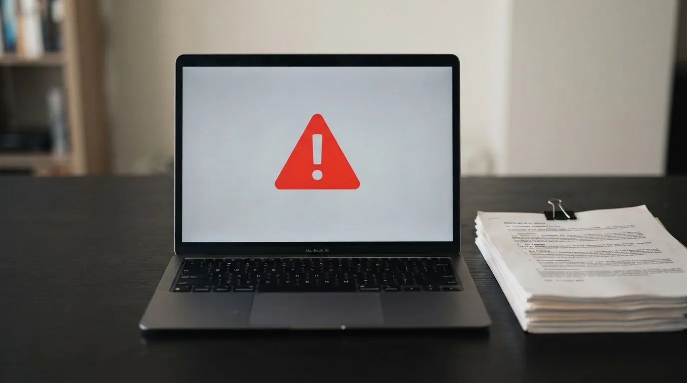 A red triangular warning sign icon on a laptop screen next to a stack of legal papers, symbolising an official caution rather than any specific website.