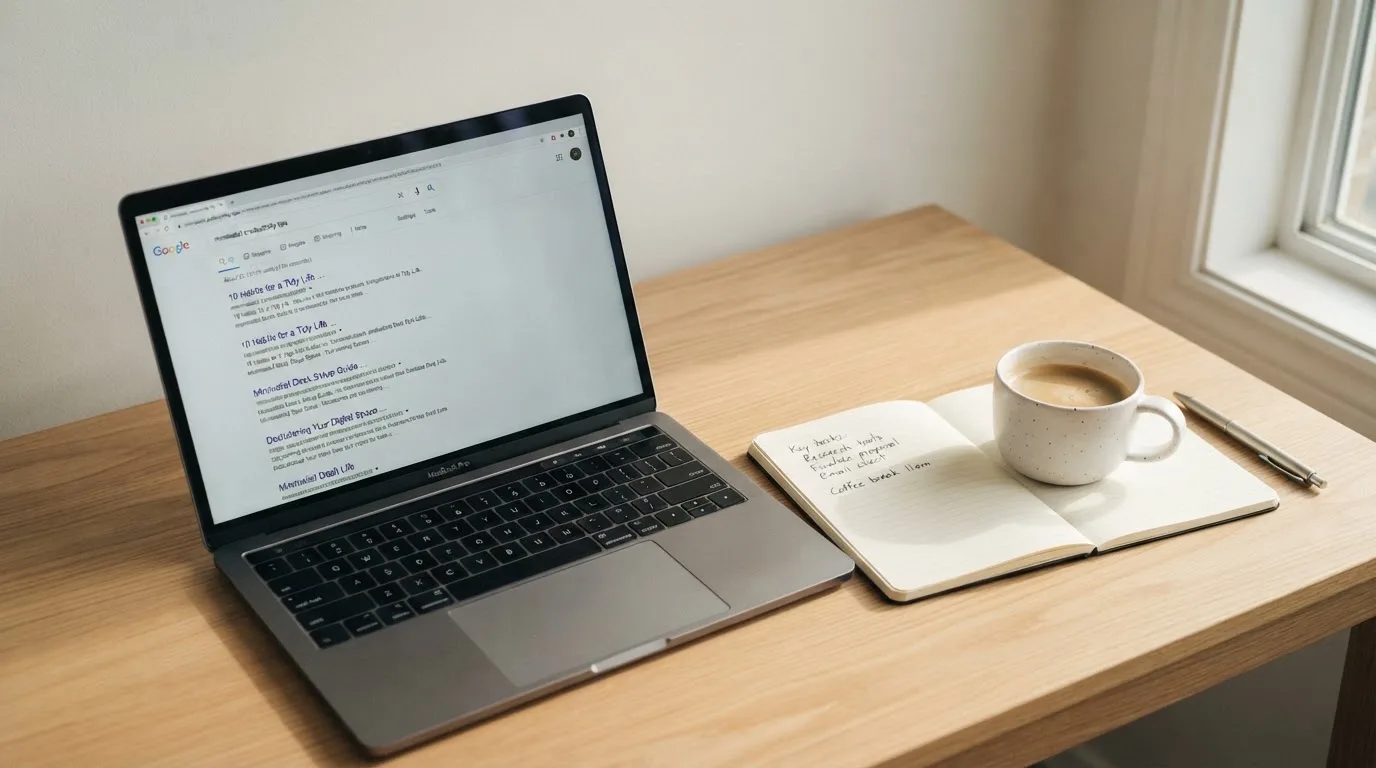 A tidy desk with a laptop open on a plain search-results page, a notebook and a coffee cup beside it, no screens showing any casino branding.
