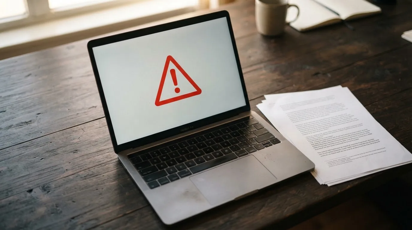 A red triangular warning sign icon on a laptop screen next to a stack of legal papers, symbolising an official caution rather than any specific website.