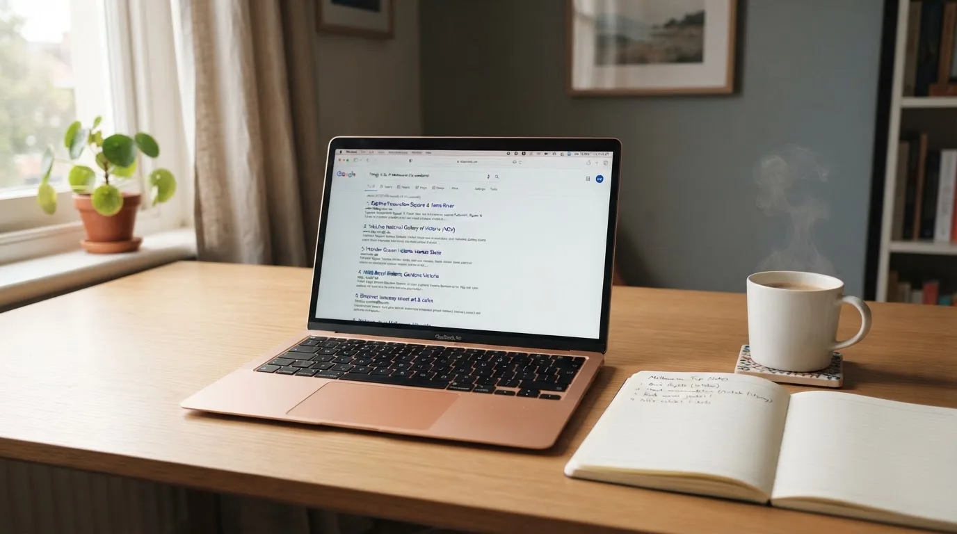 A tidy desk with a laptop open on a plain search-results page, a notebook and a coffee cup beside it, no screens showing any casino branding.