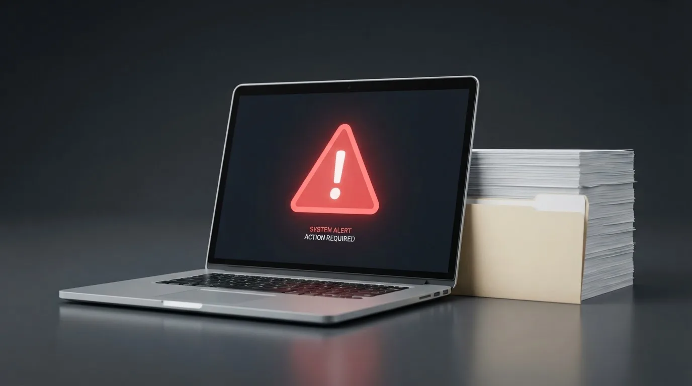 A red triangular warning sign icon on a laptop screen next to a stack of legal papers, symbolising an official caution rather than any specific website.