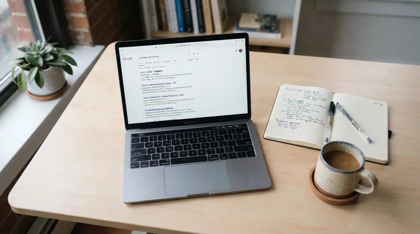 A tidy desk with a laptop open on a plain search-results page, a notebook and a coffee cup beside it, no screens showing any casino branding.