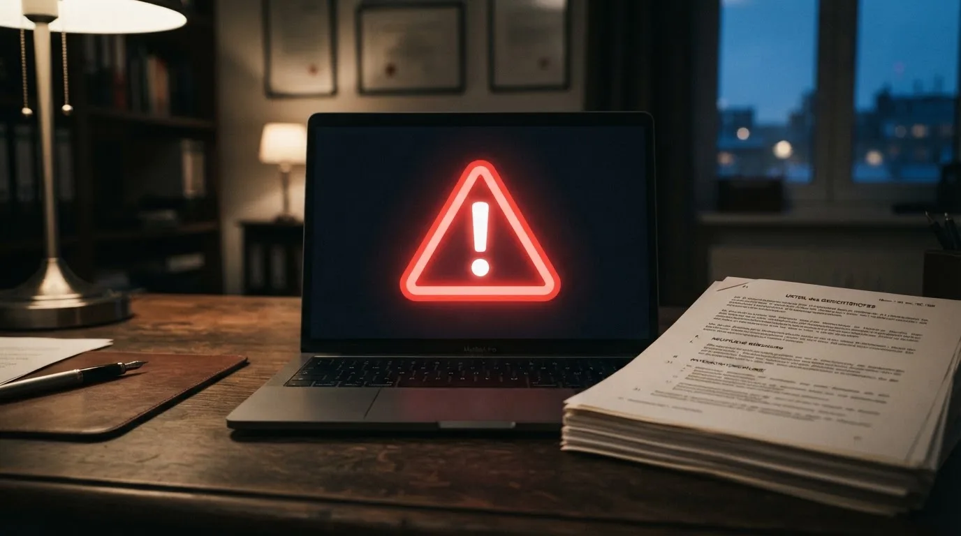 A red triangular warning sign icon on a laptop screen next to a stack of legal papers, symbolising an official caution rather than any specific website.