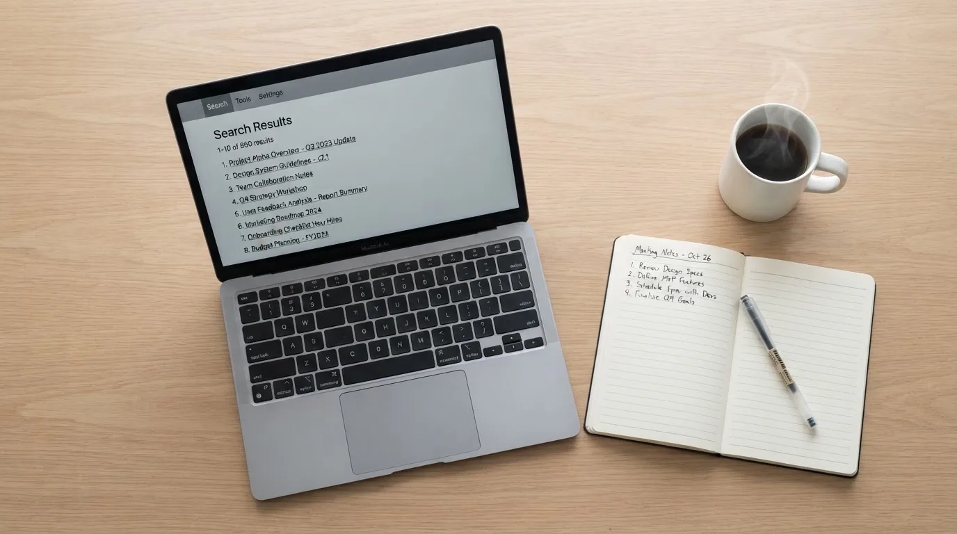 A tidy desk with a laptop open on a plain search-results page, a notebook and a coffee cup beside it, no screens showing any casino branding.