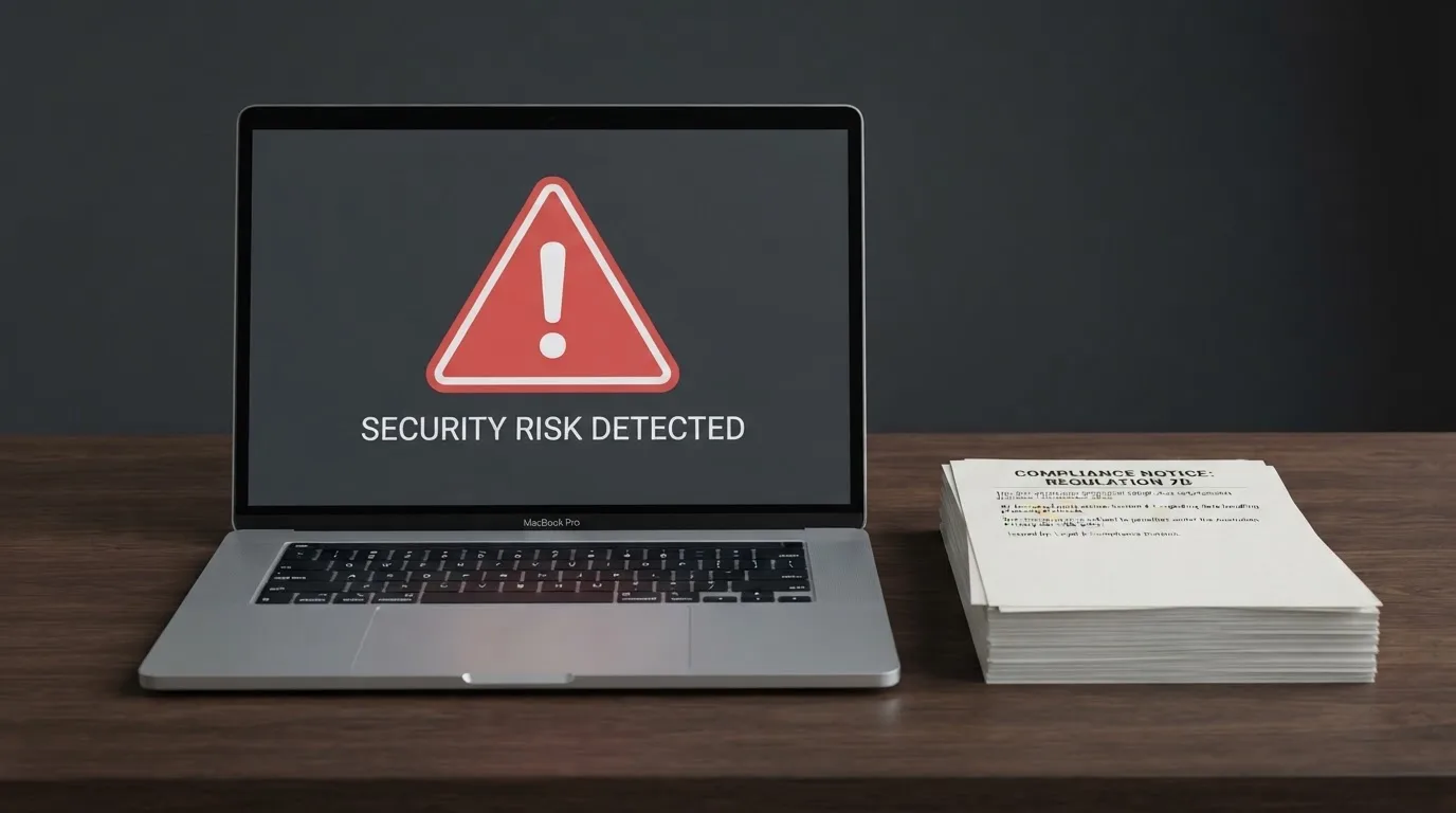 A red triangular warning sign icon on a laptop screen next to a stack of legal papers, symbolising an official caution rather than any specific website.