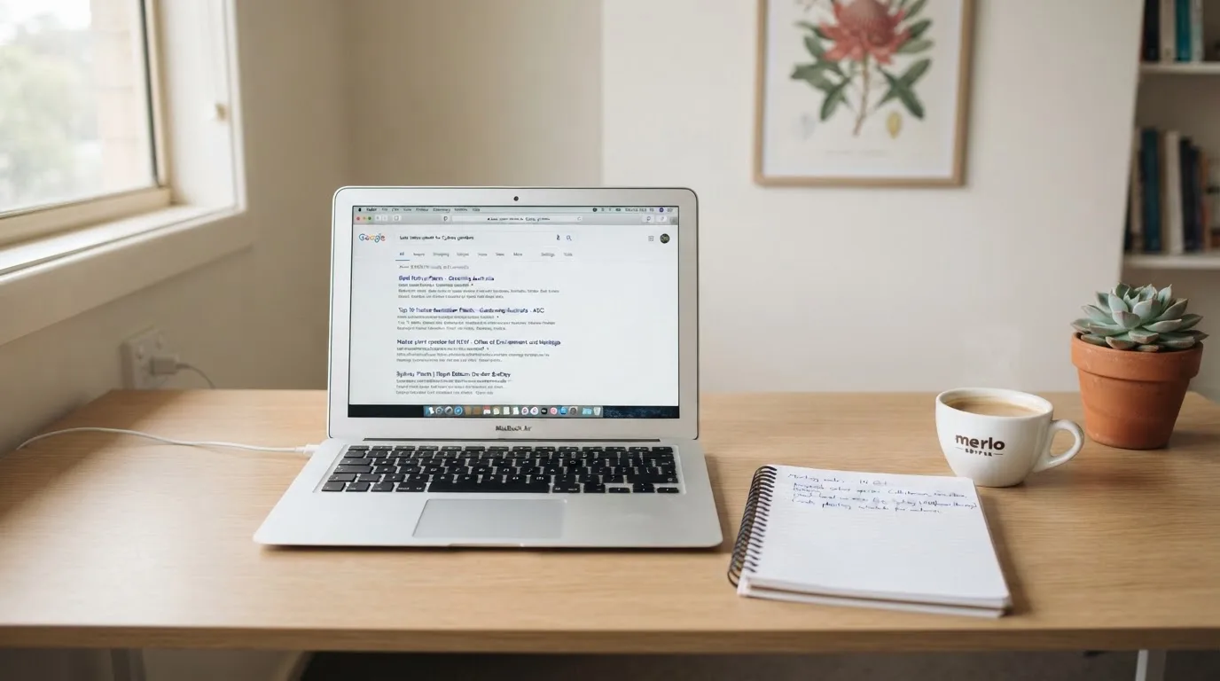 A tidy desk with a laptop open on a plain search-results page, a notebook and a coffee cup beside it, no screens showing any casino branding.