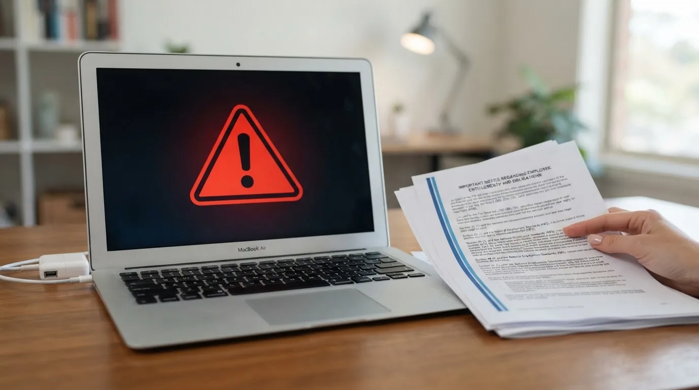 A red triangular warning sign icon on a laptop screen next to a stack of legal papers, symbolising an official caution rather than any specific website.