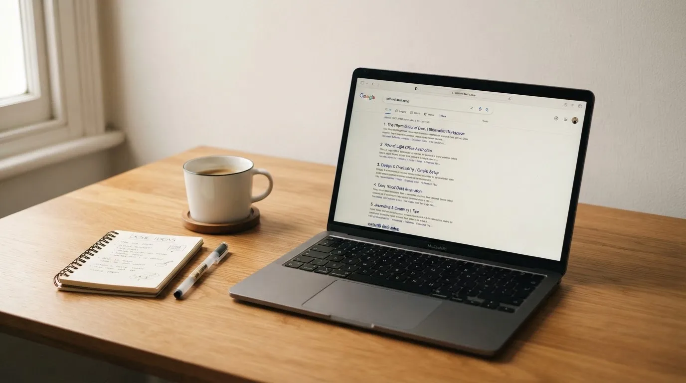 A tidy desk with a laptop open on a plain search-results page, a notebook and a coffee cup beside it, no screens showing any casino branding.
