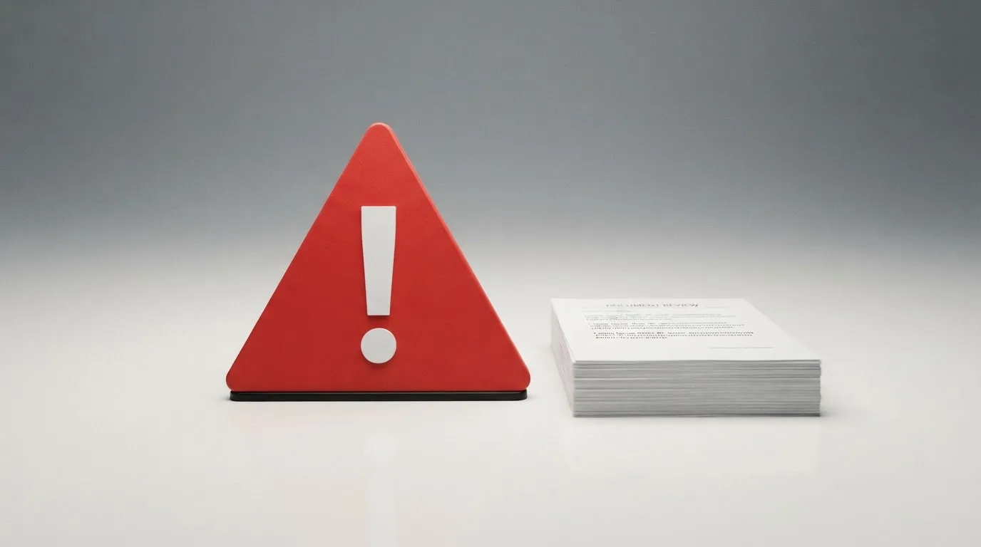 A red triangular warning sign icon on a laptop screen next to a stack of legal papers, symbolising an official caution rather than any specific website.