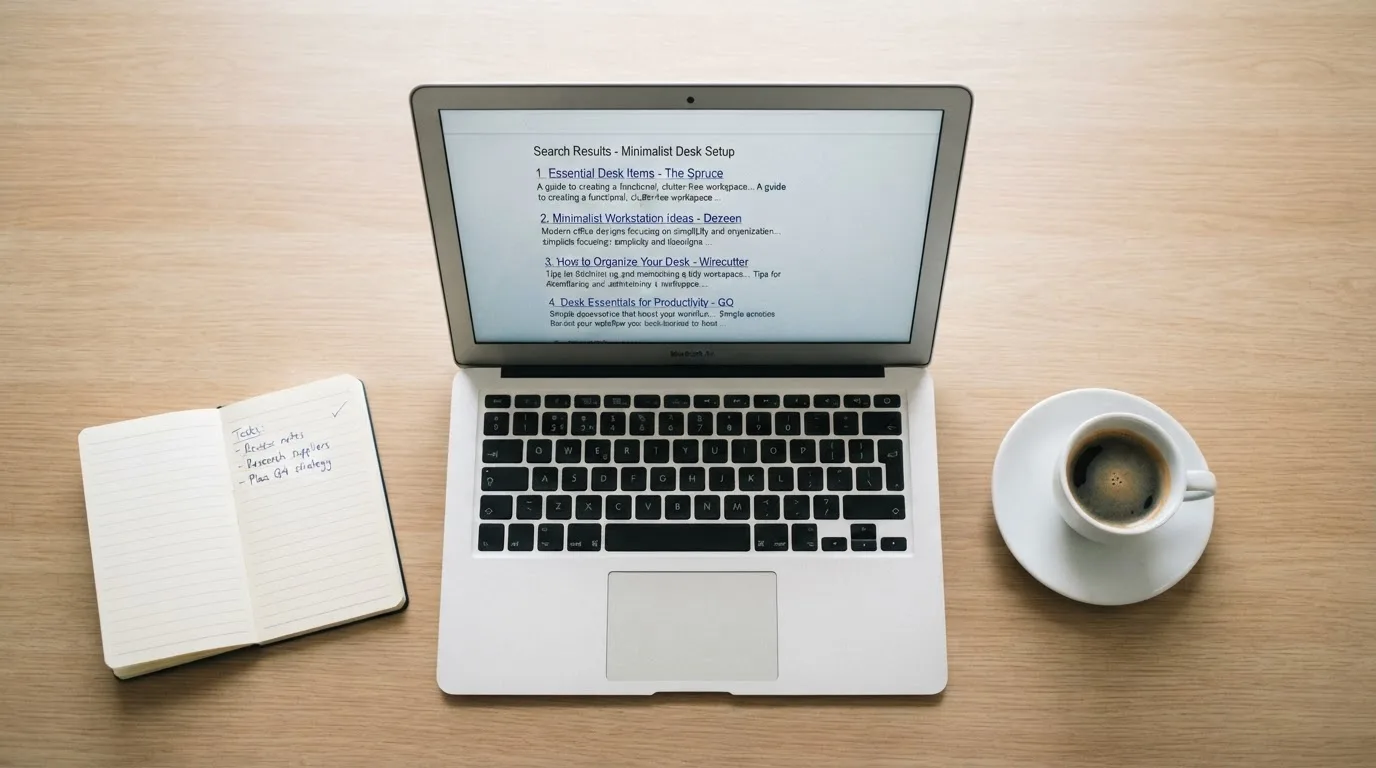 A tidy desk with a laptop open on a plain search-results page, a notebook and a coffee cup beside it, no screens showing any casino branding.