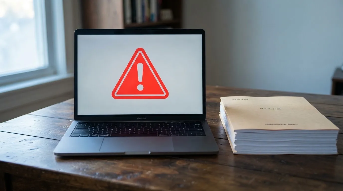 A red triangular warning sign icon on a laptop screen next to a stack of legal papers, symbolising an official caution rather than any specific website.