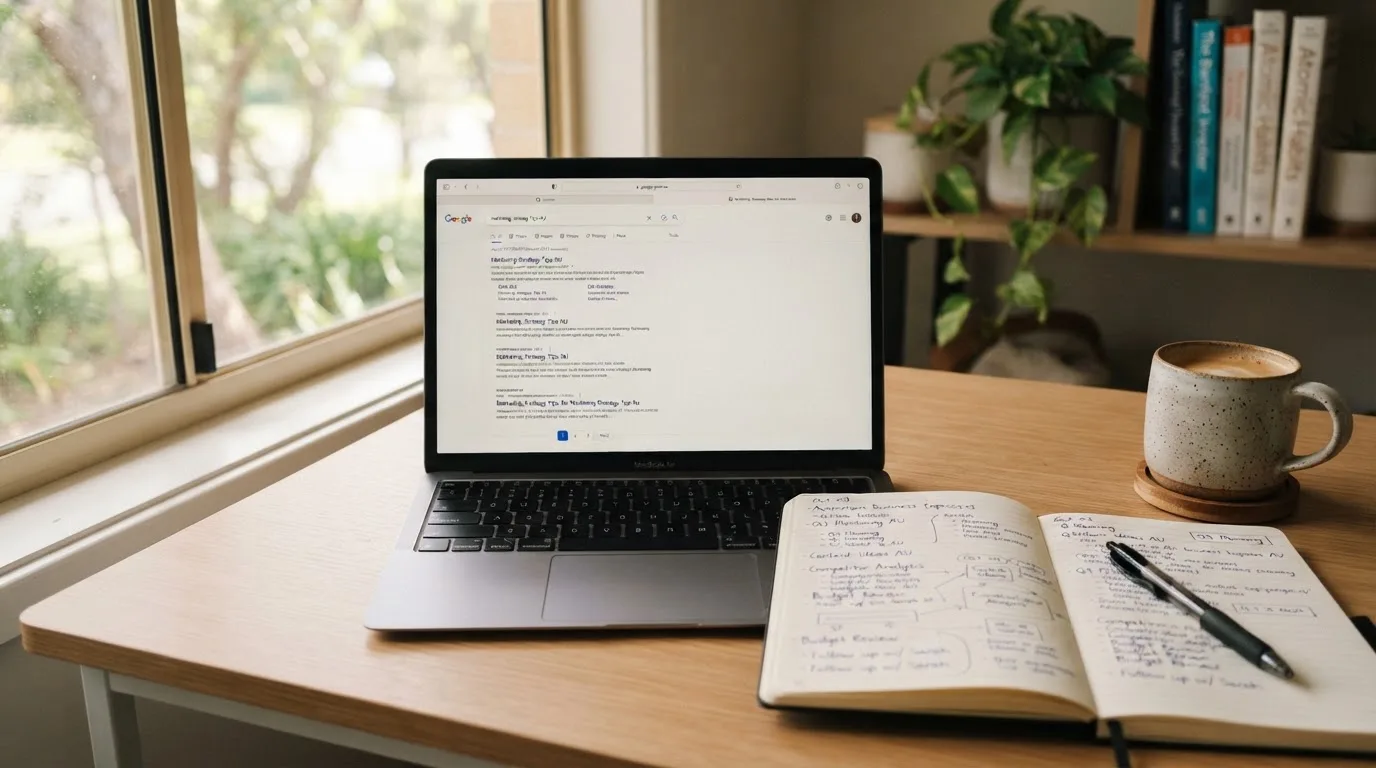 A tidy desk with a laptop open on a plain search-results page, a notebook and a coffee cup beside it, no screens showing any casino branding.