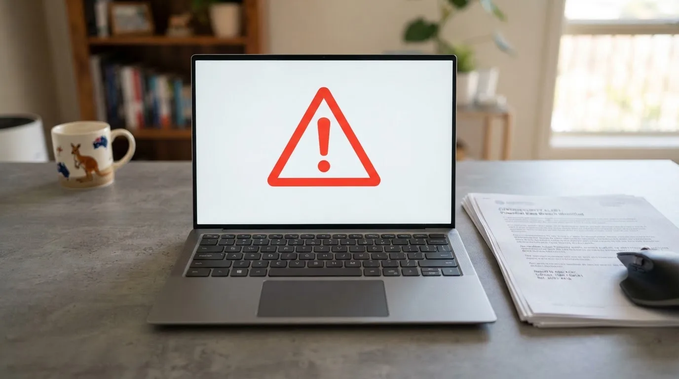 A red triangular warning sign icon on a laptop screen next to a stack of legal papers, symbolising an official caution rather than any specific website.